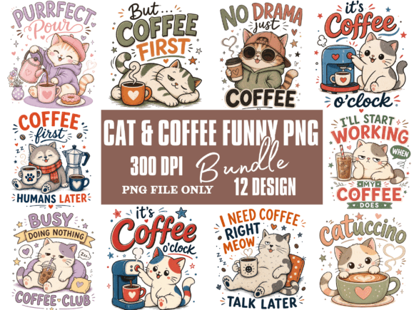 Download Cat &amp; Coffee Funny Hand-drawn PNG Bundle - Coffee Collection